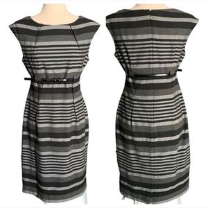 Calvin Klein Grey and Black Striped Belted Sheath Dress | Size 6